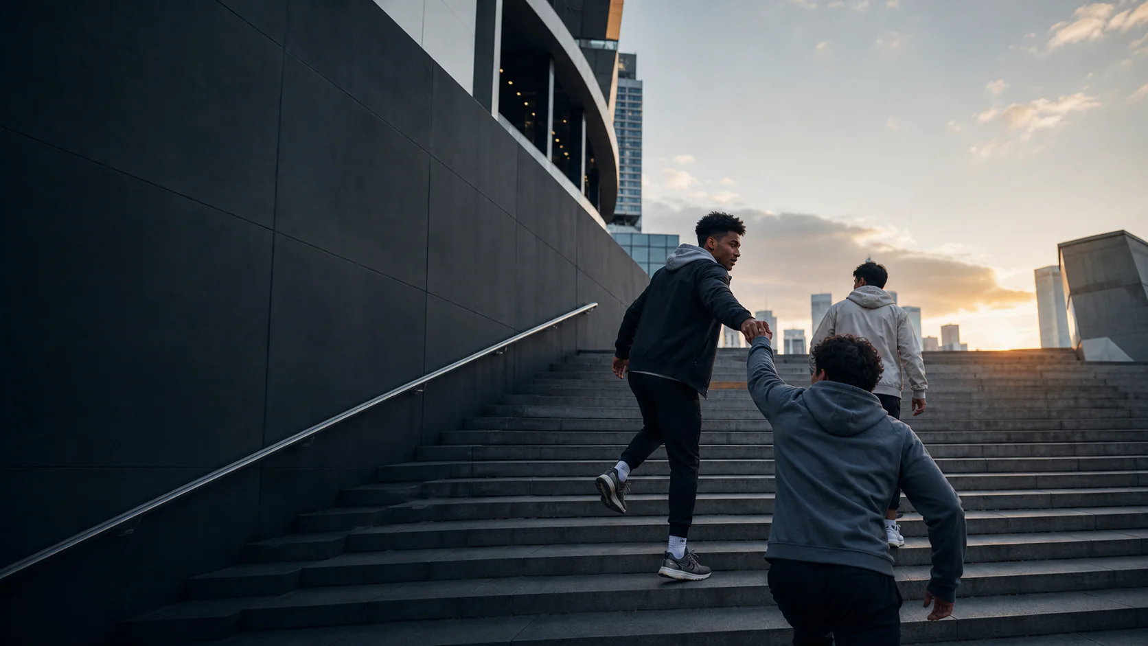Young men moving forward together in a modern city